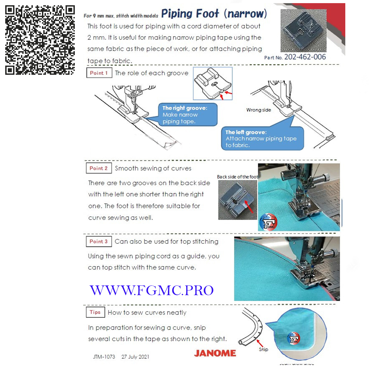 JANOME PIPING FOOT (Étroit)